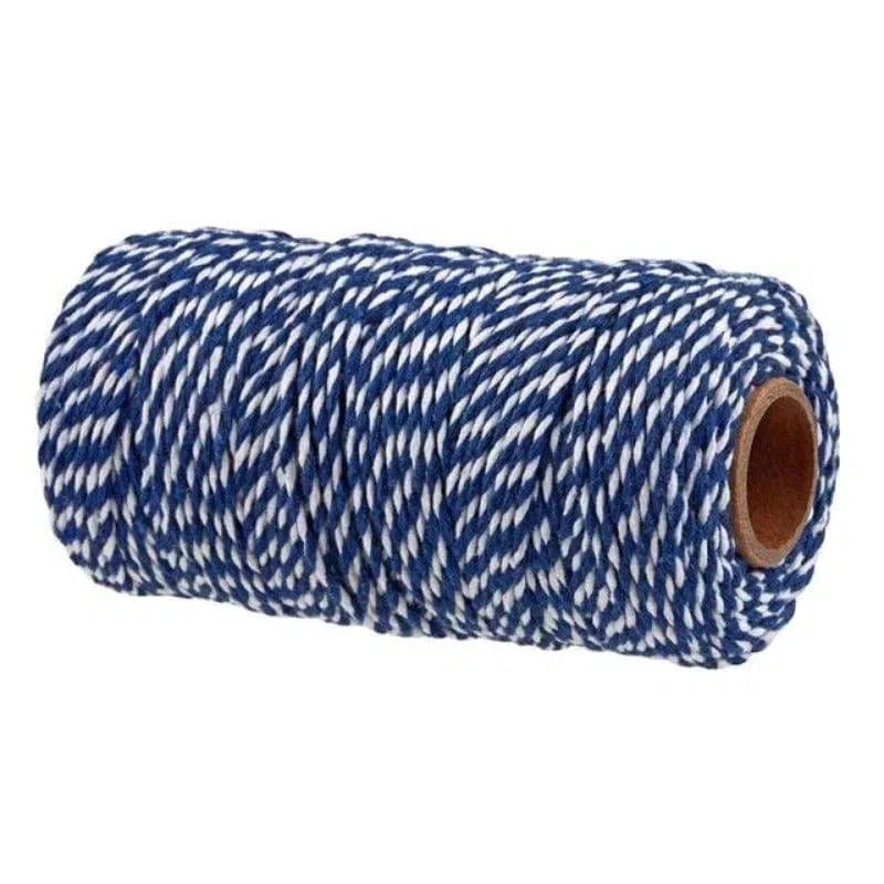 Bobine de ficelle torsadée bleue et blanche, idéale pour l'artisanat et l'emballage cadeau, apportant une touche esthétique et fonctionnelle à vos projets créatifs.