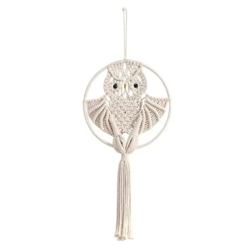 Décoration murale hibou attrape-rêves, design bohème, idéal pour chambre ou salon, ajouter une touche artistique et élégante à votre intérieur. Accessoire tendance pour une atmosphère apaisante et charmante.