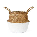 Panier de rangement décoratif avec poignées en tressage bicolore, pratique pour organiser l'espace intérieur. Idéal pour le salon, la chambre ou la salle de bain, ajoutant une touche naturelle et élégante à la décoration.