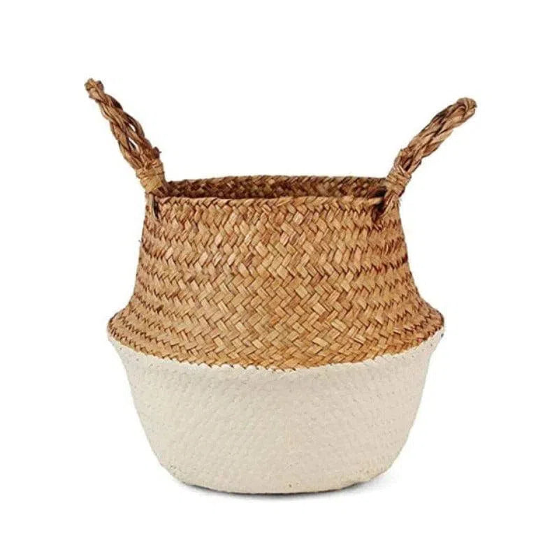 Panier décoratif rond avec poignées, style tendance bicolore, idéal pour le rangement et l'organisation à la maison. Parfait pour le salon, la chambre ou tout espace nécessitant une touche naturelle et moderne. Adapté pour les plantes, les magazines ou les jouets.