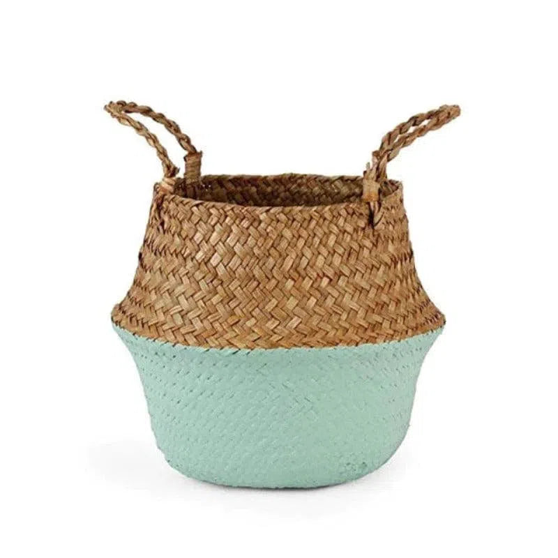 Panier de rangement bicolore avec anses, design moderne en brun et turquoise, idéal pour la décoration intérieure et le stockage des objets, ajoutant une touche esthétique à tout espace de vie.