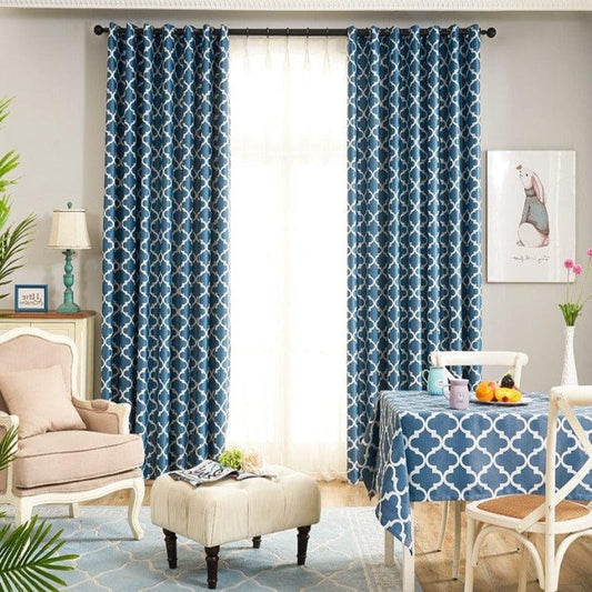 Rideau bleu profond motifs blancs en polyester