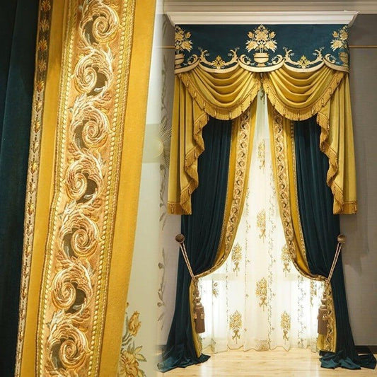 Rideaux de luxe élégants avec motifs brodés dorés et détails sophistiqués, parfaits pour une décoration intérieure raffinée. Idéal pour le salon ou la chambre, ajoutant une touche d'élégance et de majesté à votre espace de vie. Découvrez ce design orné avec une combinaison de couleurs riche pour un effet visuel impressionnant et luxueux.