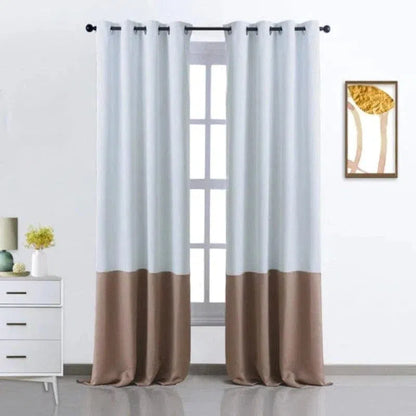 Paire de rideaux bicolores beige et blanc pour salon, design moderne avec œillets, idéal pour embellir les fenêtres et harmoniser la décoration intérieure.