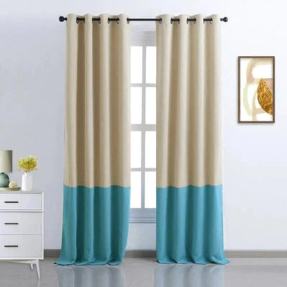 Rideau moderne bicolore beige et bleu, idéal pour décoration intérieure chic et élégante. Parfait pour salons et chambres, ces rideaux ajoutent une touche contemporaine à votre maison. Disponible avec œillets pour une installation facile.