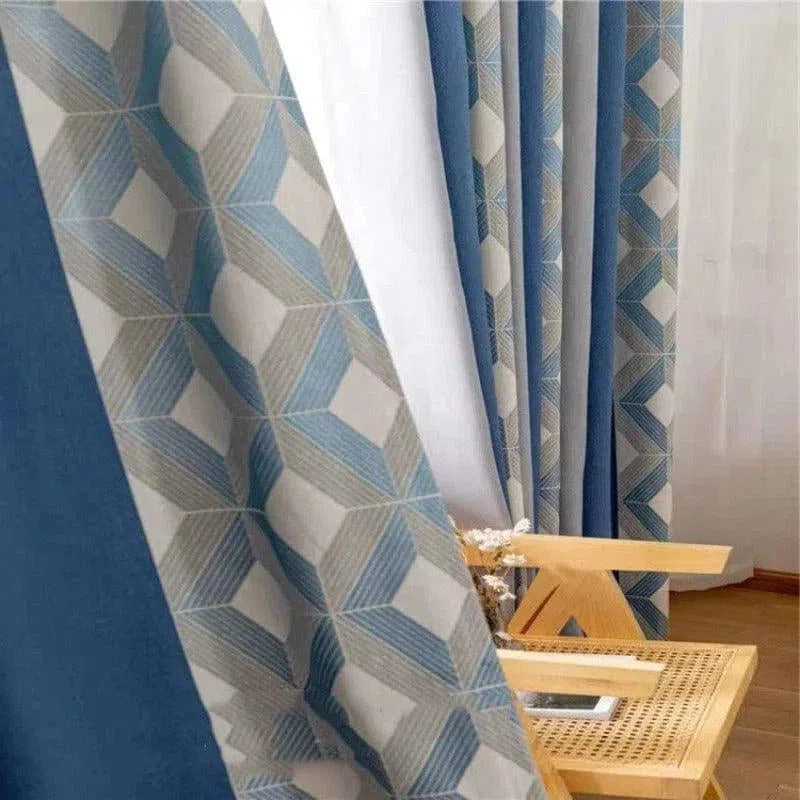 Rideaux modernes à motifs géométriques bleus et blancs, parfaits pour ajouter une touche contemporaine à votre intérieur. Ces rideaux élégants et tendance s'adaptent parfaitement à tout type de décoration, offrant à la fois style et fonctionnalité pour votre maison.