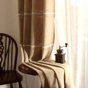 rideau beige semi transparent texture lin motifs brodés rustique bohème voilage plis flamands galon