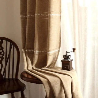 rideau beige semi transparent texture lin motifs brodés rustique bohème voilage plis flamands galon
