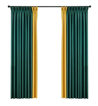 Paire de rideaux bicolores jaune et vert foncé, idéale pour ajouter une touche moderne et élégante à votre salon ou chambre. Ces rideaux opaques assurent une bonne occultation de la lumière tout en apportant du style à votre intérieur. Accessoires de décoration de fenêtre parfaits pour un aménagement contemporain.