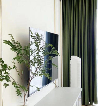 Télévision moderne avec écran plat, idéal pour un salon contemporain. Son design élégant s'intègre parfaitement dans une décoration intérieure, avec des rideaux classiques offrent une ambiance chaleureuse. Parfait pour une expérience de divertissement exceptionnelle à domicile.