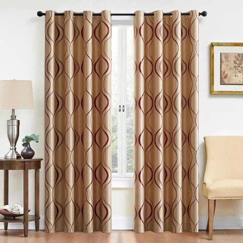 Rideaux élégants avec motifs géométriques pour salon. Décor moderne et sophistiqué, offrant une ambiance chaleureuse et accueillante. Idéal pour embellir les grandes fenêtres et rehausser l'intérieur. Parfait pour les espaces de vie stylés et contemporains.