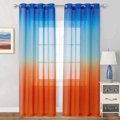 Rideaux dégradés bleus et oranges modernes pour salon, style contemporain, décoration intérieure élégante, ambiance colorée et lumineuse.