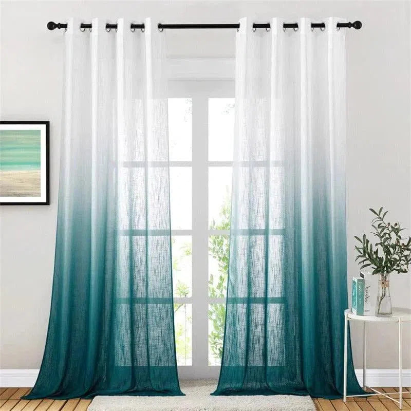 Rideaux dégradés bleu et blanc pour salon, style moderne, parfaits pour décorer une fenêtre avec élégance, ambiance lumineuse et aérée. Ajouter une touche contemporaine à votre intérieur.