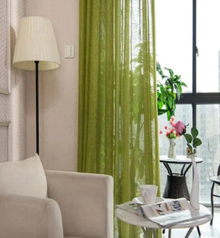 Salon moderne et lumineux avec rideaux verts, éclairage naturel grâce à une grande fenêtre. Décoration élégante avec une lampe sur pied, un canapé confortable, et une table d'appoint agrémentée de plantes et d'un vase de fleurs. Ambiance cosy et accueillante idéale pour la détente.