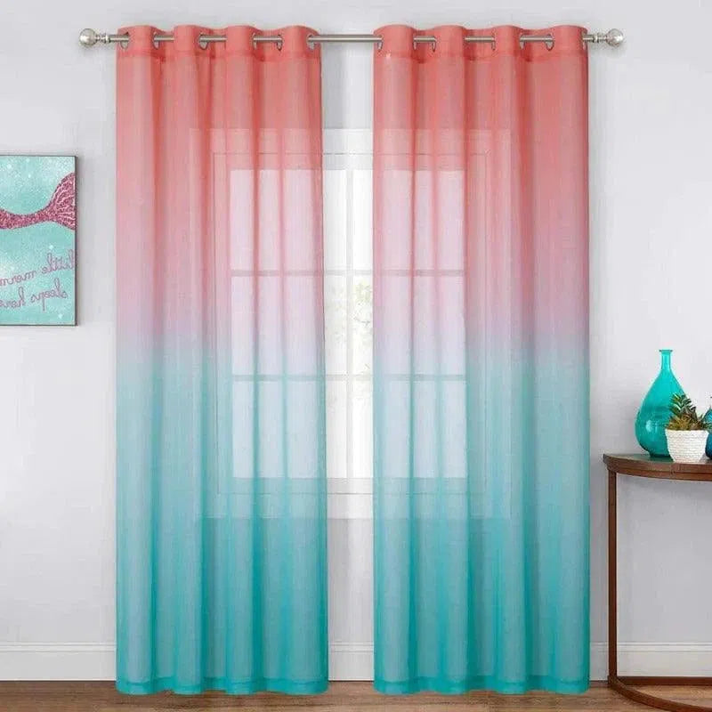Rideaux élégants avec dégradé de couleurs pastel rose et turquoise, parfaits pour ajouter une touche colorée et moderne à votre salon ou chambre. Conception contemporaine avec œillets métalliques pour une installation facile. Accessoire de décoration intérieure idéal pour sublimer vos fenêtres avec style.