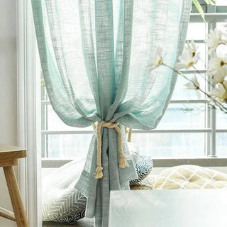 voilage bleu clair tissé carreaux bohème translucide tringle bois nouettes cordelettes