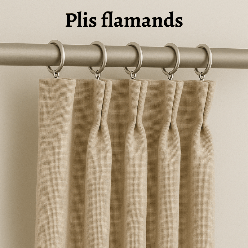 Rideau a plis flamands et rideau a pattes cachees
